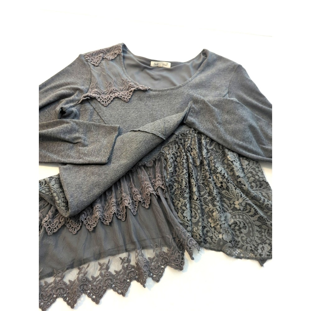 Indigo Soul Tunic Top Women L Lace Trim Asymmetrical Hem Lg Sleeve Fairy Goth